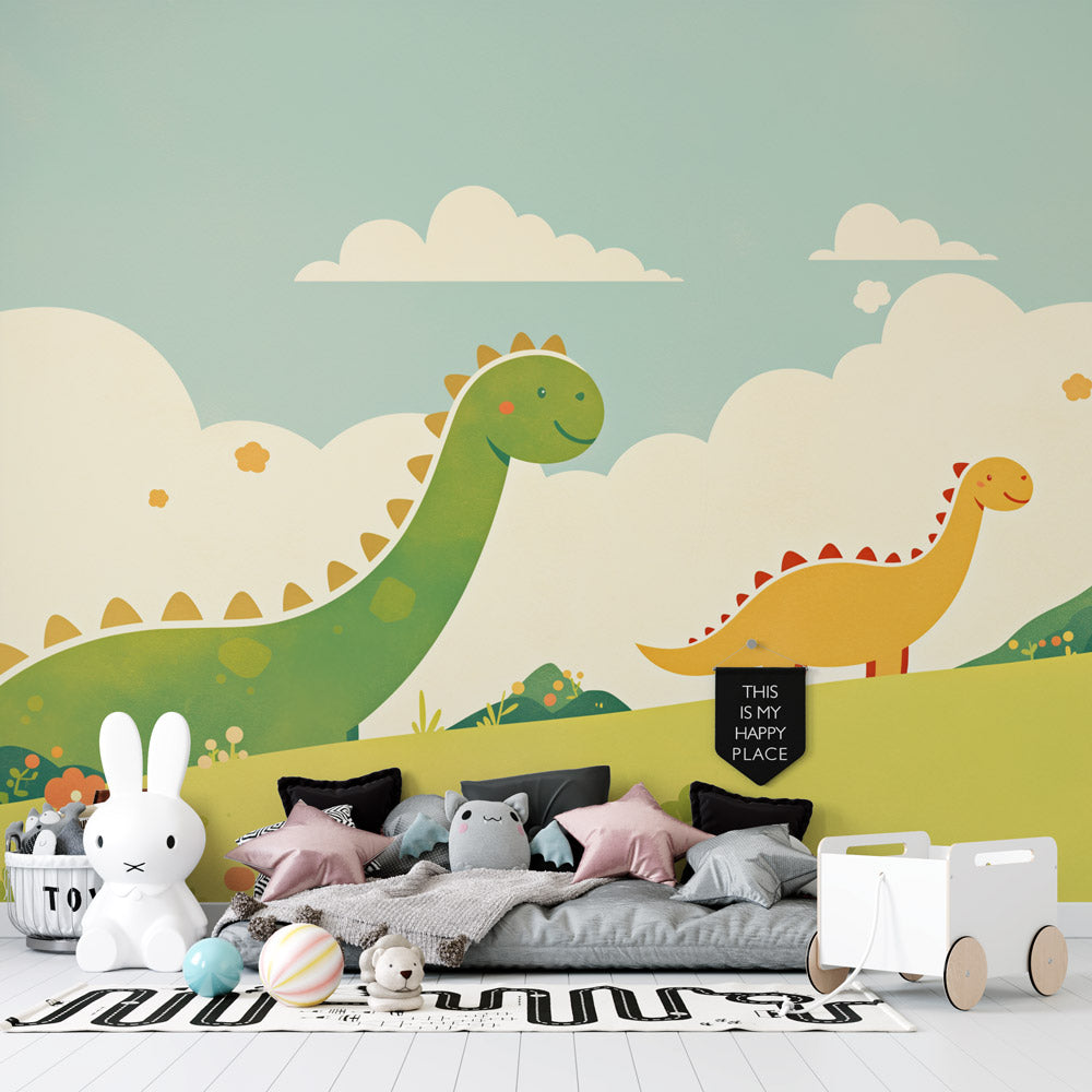 Dinosaur wall mural bringing life to a bright nursery, with soft mint walls and matching decor