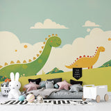 Dinosaur wall mural bringing life to a bright nursery, with soft mint walls and matching decor