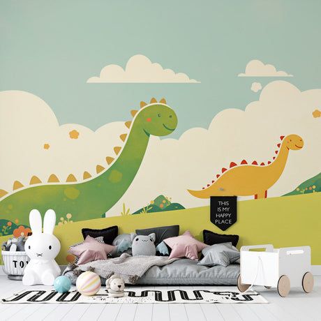 Dinosaur wall mural bringing life to a bright nursery, with soft mint walls and matching decor