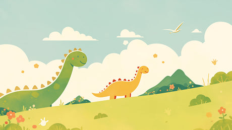 Playful Prehistoric Friends design file showing friendly dinosaurs against mint sky