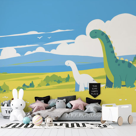 Dinosaur mural wallpaper bringing prehistoric charm to a bright kids bedroom, with toys and bedding matching the friendly design