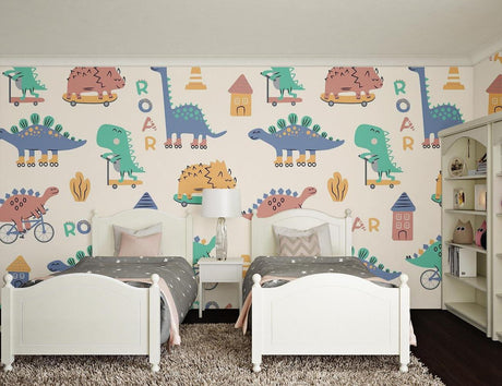 Dinosaur sports wallpaper in bright modern playroom showing skating T-Rex and cycling Stegosaurus