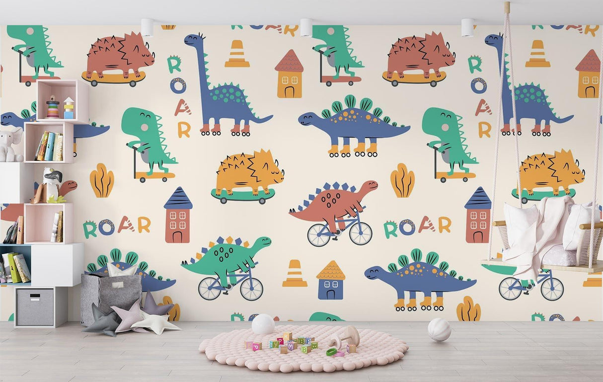 Kids bedroom with playful dinosaur sports mural wallpaper featuring active dino characters