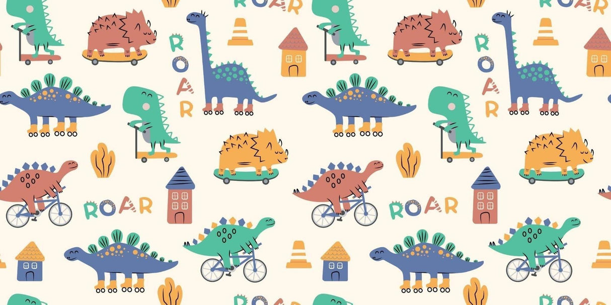 Design file of sports-themed dinosaur wallpaper pattern with pastel colors and playful characters