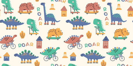 Design file of sports-themed dinosaur wallpaper pattern with pastel colors and playful characters
