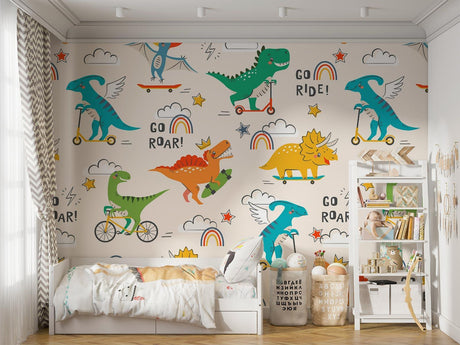 Dinosaur sports wallpaper bringing life to a modern playroom with skating dinos and cheerful rainbows