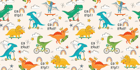 Design file of playful dinosaur wallpaper pattern with sports theme and rainbow details