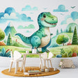 Dinosaur mural wallpaper brightening a modern kids bedroom, showing a friendly T-Rex in soft watercolors