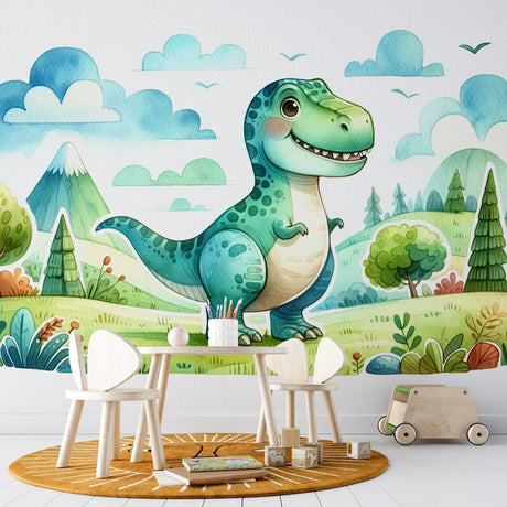 Dinosaur mural wallpaper brightening a modern kids bedroom, showing a friendly T-Rex in soft watercolors