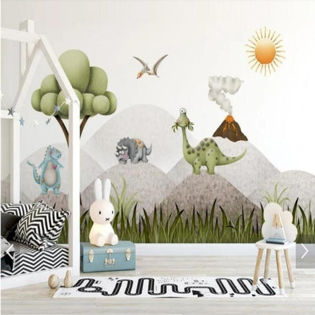 Dinosaur landscape wallpaper bringing prehistoric adventure to a modern kids bedroom with soft lighting