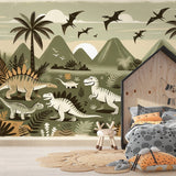 Dinosaur wallpaper mural bringing prehistoric adventure to life in a modern kids bedroom with soft lighting