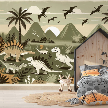 Dinosaur wallpaper mural bringing prehistoric adventure to life in a modern kids bedroom with soft lighting