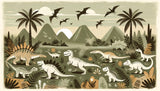 Prehistoric jungle adventure wallpaper design file showing detailed dinosaurs and palm trees pattern