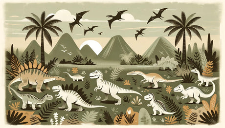 Prehistoric jungle adventure wallpaper design file showing detailed dinosaurs and palm trees pattern