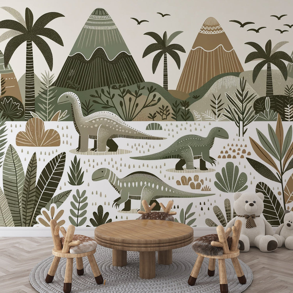 Dinosaur mural wallpaper creating a calm, educational space in a modern kids bedroom with soft natural lighting
