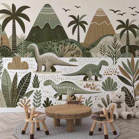 Dinosaur mural wallpaper creating a calm, educational space in a modern kids bedroom with soft natural lighting