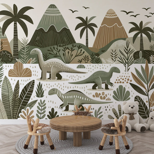 Dinosaur mural wallpaper creating a calm, educational space in a modern kids bedroom with soft natural lighting