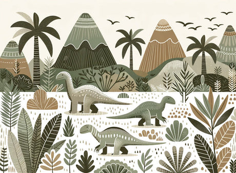 Prehistoric jungle wallpaper design file showing detailed earth tone dinosaurs and botanical elements