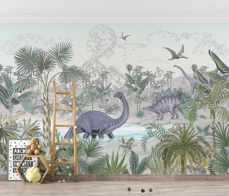 Dinosaur wall mural bringing prehistoric charm to a modern kids bedroom with soft lighting