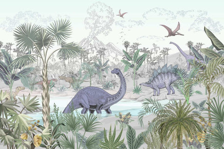 Dinosaur wallpaper design file showing gentle giants in a misty prehistoric landscape