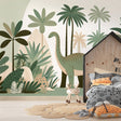 Dinosaur mural wallpaper with gentle Diplodocus creating a magical atmosphere in a modern kids bedroom