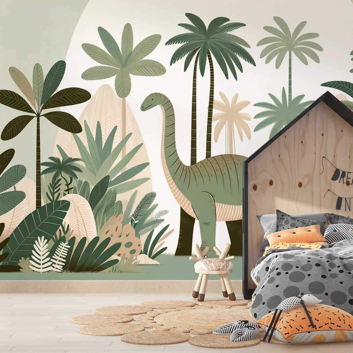 Dinosaur mural wallpaper with gentle Diplodocus creating a magical atmosphere in a modern kids bedroom