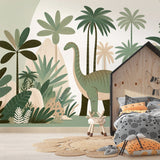 Dinosaur mural wallpaper with gentle Diplodocus creating a magical atmosphere in a modern kids bedroom