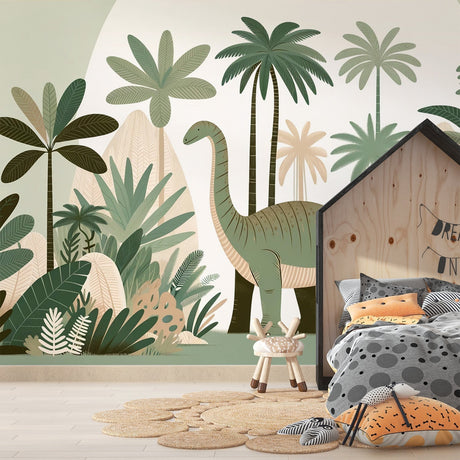 Dinosaur mural wallpaper with gentle Diplodocus creating a magical atmosphere in a modern kids bedroom