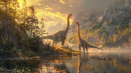 Design file showing full prehistoric landscape pattern with detailed sunset and dinosaur silhouettes
