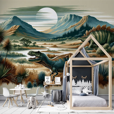 Dinosaur mountain mural wallpaper bringing prehistoric magic to a modern kids bedroom with soft lighting and educational decor