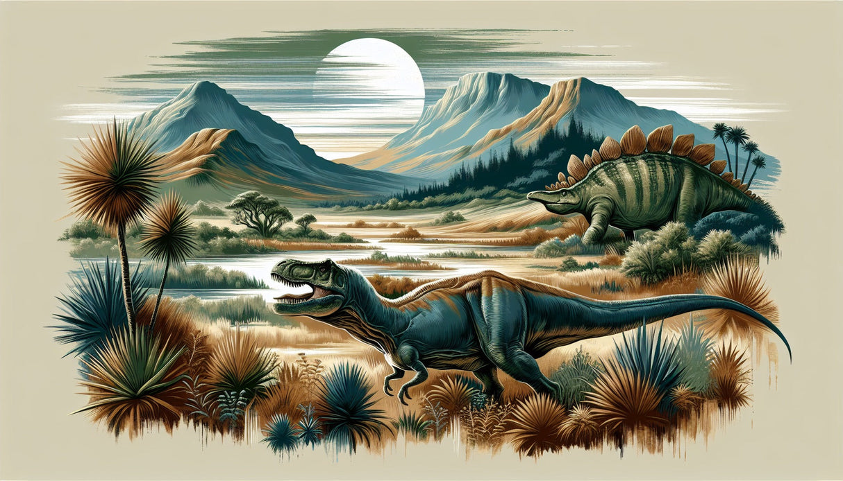 Prehistoric mountain landscape design file with majestic T-Rex and Stegosaurus against moonlit mountains