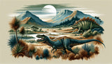 Prehistoric mountain landscape design file with majestic T-Rex and Stegosaurus against moonlit mountains