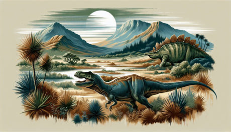 Prehistoric mountain landscape design file with majestic T-Rex and Stegosaurus against moonlit mountains