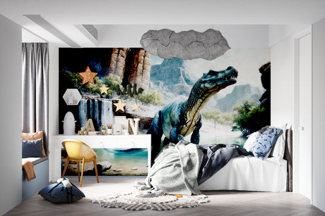 Dinosaur landscape wallpaper bringing prehistoric adventure to a modern kids bedroom with T-Rex and waterfall
