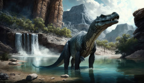 Design file showing detailed T-Rex and waterfall pattern with mountain landscape