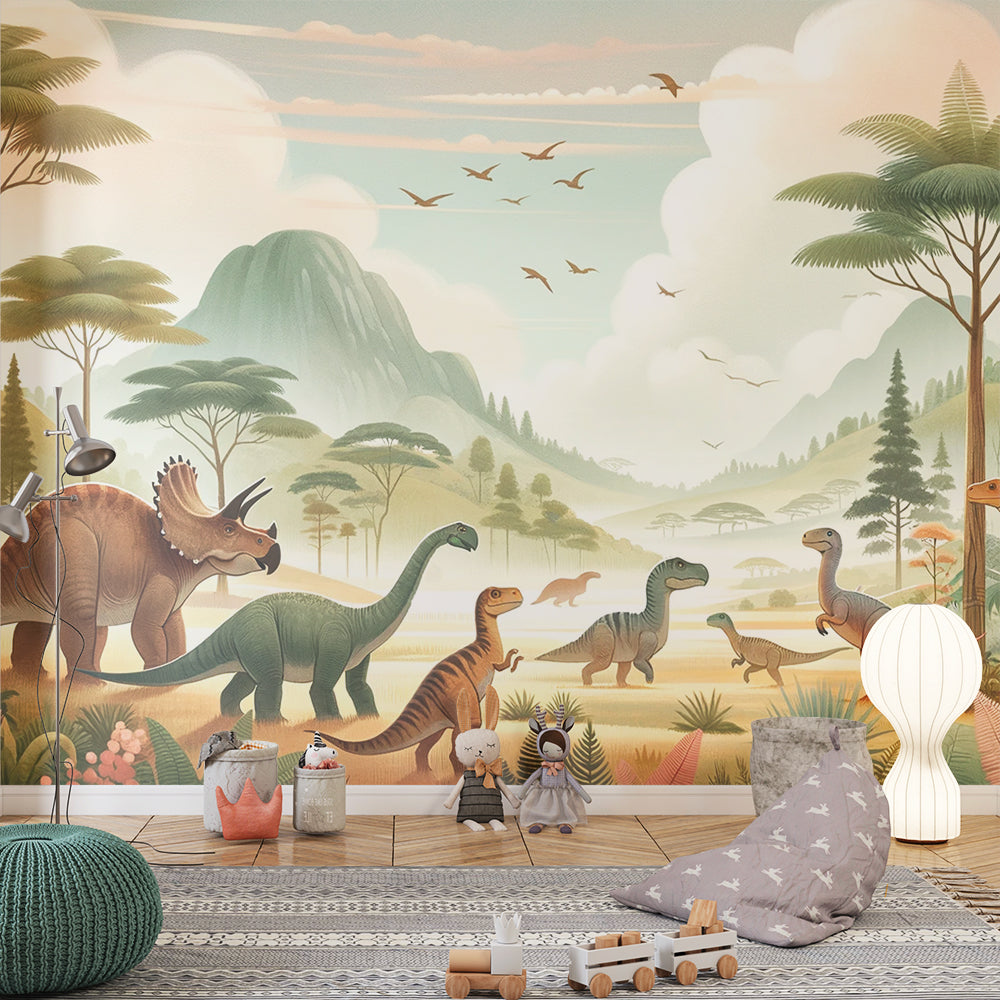 Dinosaur landscape wallpaper creating a dreamy atmosphere in a modern kids bedroom with soft natural lighting