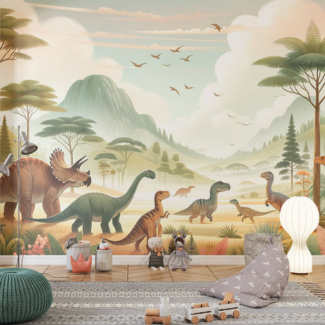 Dinosaur landscape wallpaper creating a dreamy atmosphere in a modern kids bedroom with soft natural lighting