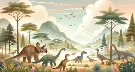 Prehistoric Paradise design file showing gentle dinosaurs in pastel tones against misty valley background