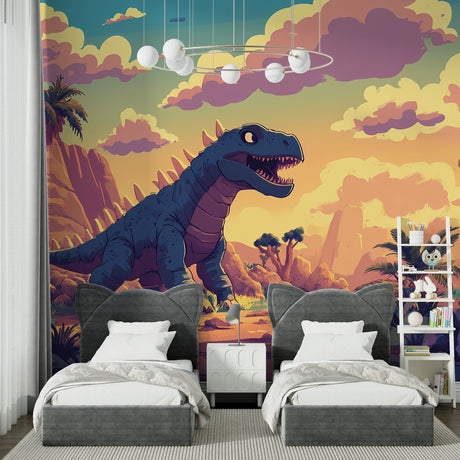Dinosaur wall mural bringing prehistoric adventure to a modern kids bedroom with warm sunset colors