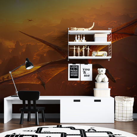 Pterodactyl wall mural in modern living room showing dramatic sunset colors and flying dinosaur