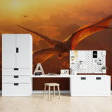 Dinosaur flight wallpaper creating warm atmosphere in kids bedroom