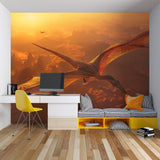Prehistoric sunset mural bringing adventure feel to gaming room
