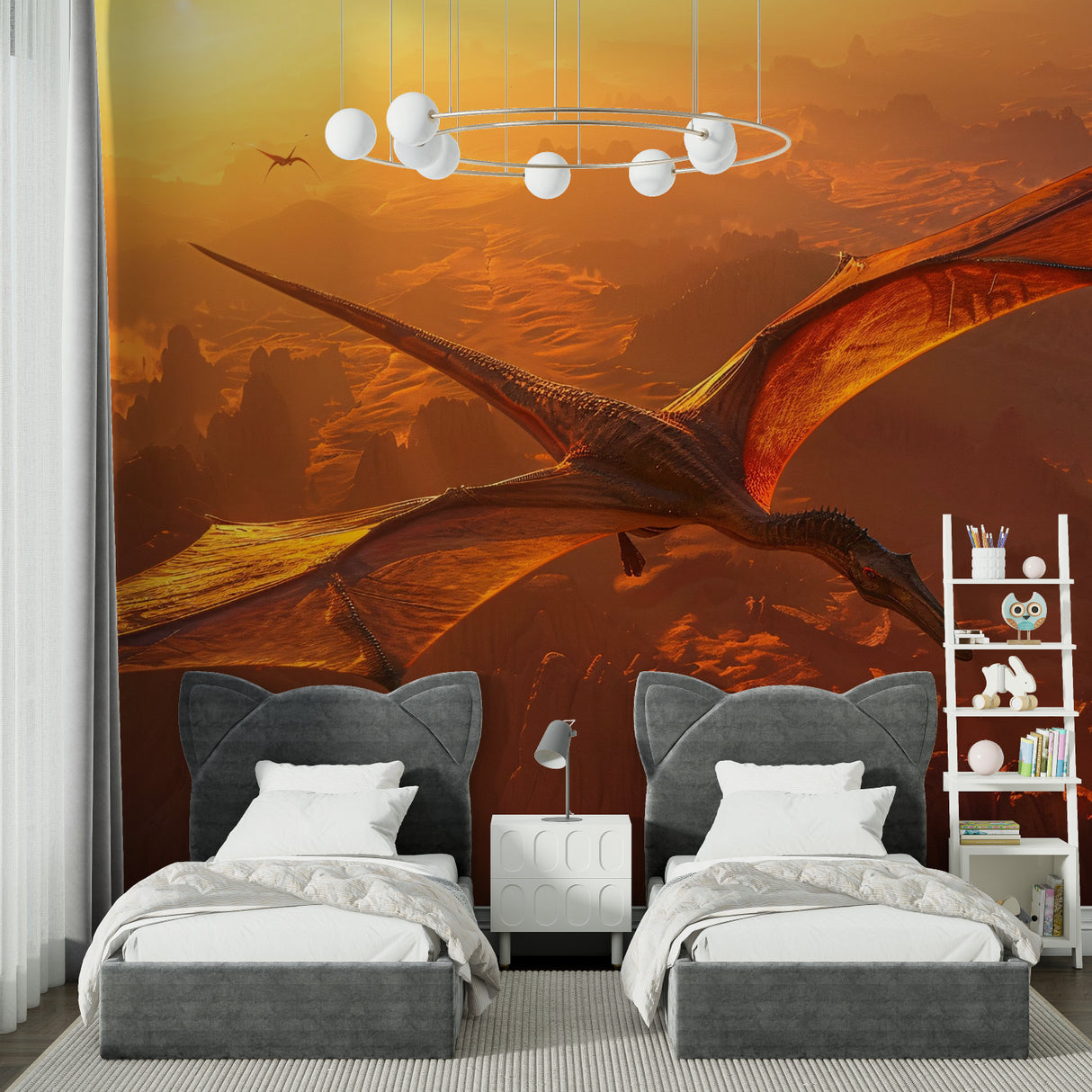 Flying dinosaur wallpaper installation in home office showing scale
