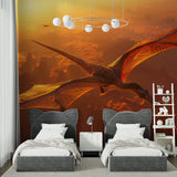 Flying dinosaur wallpaper installation in home office showing scale