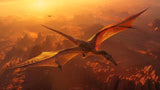 Design file showing detailed pterodactyl soaring through amber sunset sky