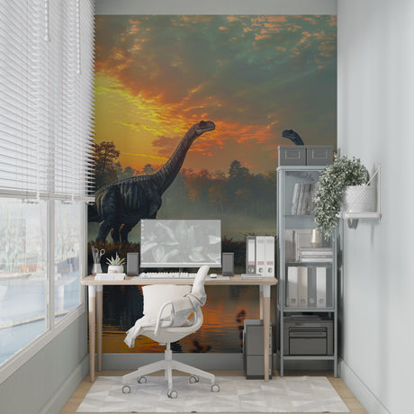 Dinosaur landscape wallpaper creating depth in a modern living room with warm sunset tones