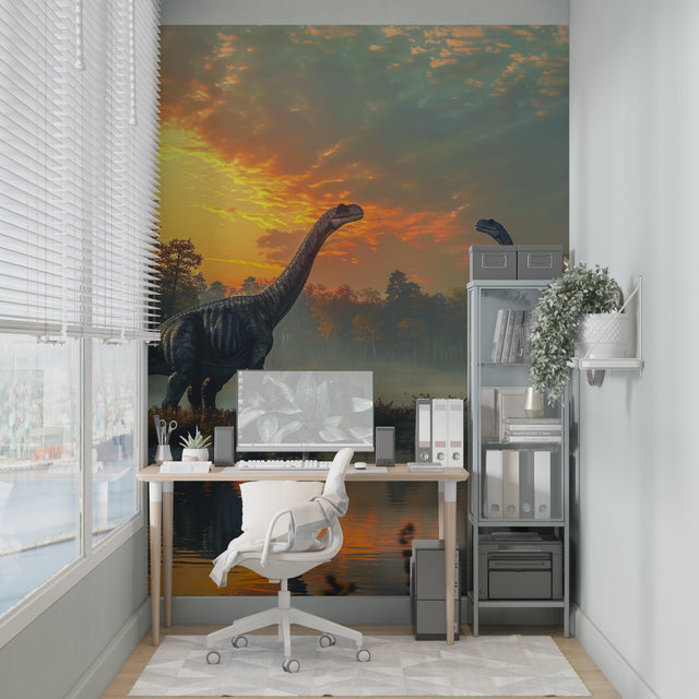 Dinosaur landscape wallpaper creating depth in a modern living room with warm sunset tones