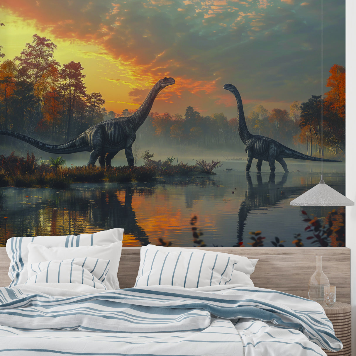 Kids bedroom transformed with prehistoric sunset mural showing gentle Brachiosaurus
