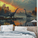 Kids bedroom transformed with prehistoric sunset mural showing gentle Brachiosaurus