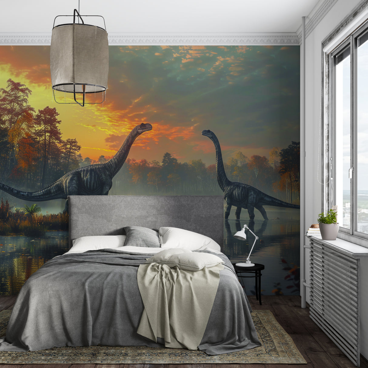 Playroom featuring dinosaur wall mural with golden sunset colors and misty waters